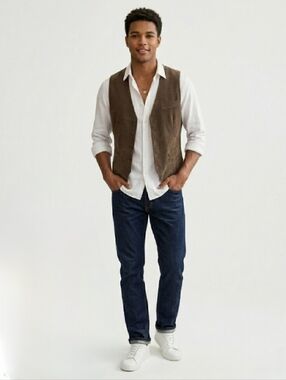 Perry Ellis Brown Corduroy Cotton Blend Button Front Vest Academia Preppy Medium